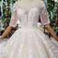 Luxury Lace Wedding Dresses Scoop Half Sleeves Appliques Ball Gown