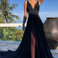 Black Simple A-line V-neck Chiffon Evening Dresses With Slit Long Prom Dresses