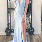 Long Prom Dresses with Floral Appliques Elegant Mermaid Light Blue Sequin
