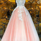 Pink V Neck Tulle Lace Appliques Long Prom Dress