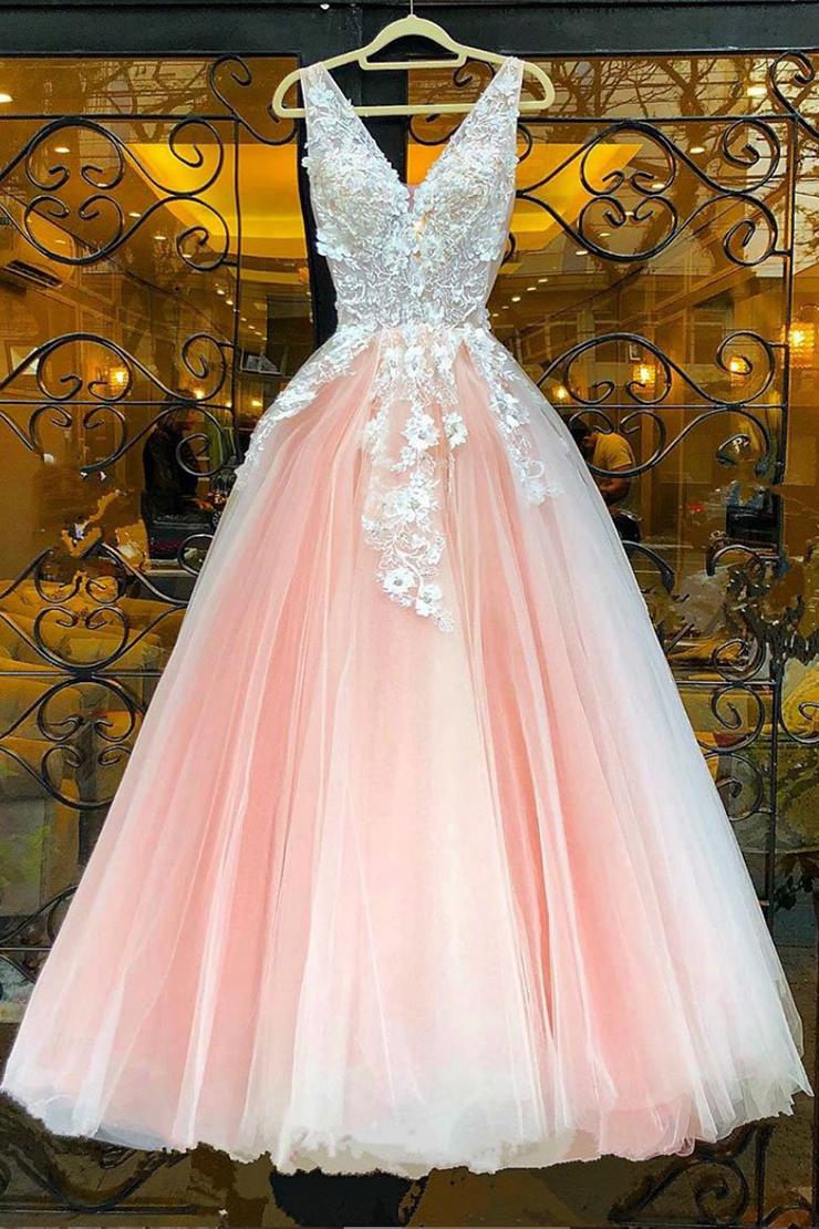Pink V Neck Tulle Lace Appliques Long Prom Dress