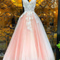 Pink V Neck Tulle Lace Appliques Long Prom Dresses