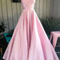 V-neck A-line Pink Spaghetti Straps Rushed Satin Long Prom Dresses