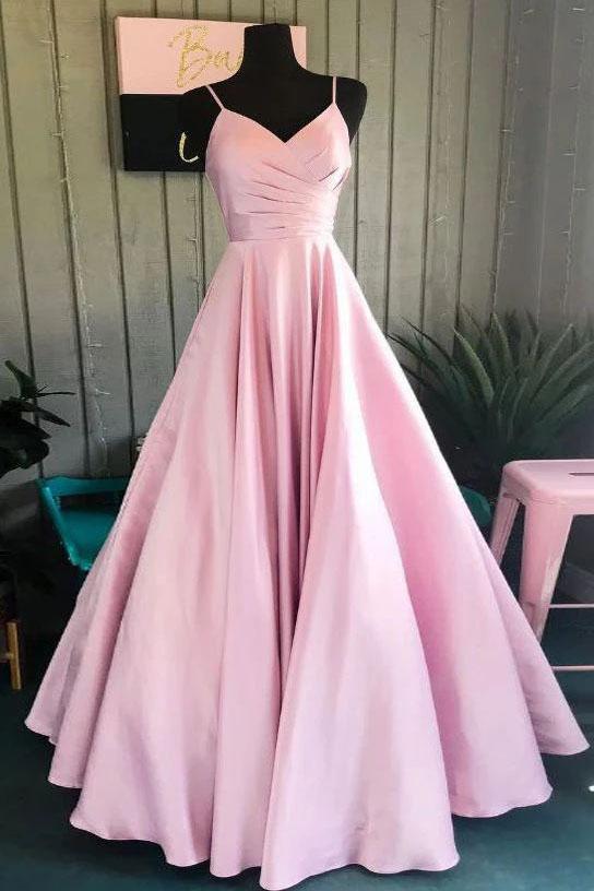 V-neck A-line Pink Spaghetti Straps Rushed Satin Long Prom Dresses