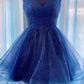 Sparkly A-line V-neck Short Prom Dresses Navy Blue Homecoming Dresses