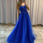 Blue Sleeveless A Line Tulle Lace Long Evening Dresses