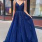 Dark Blue Sleeveless A Line Lace Tulle Long Prom Dress