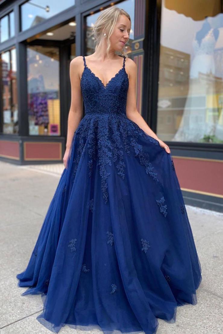 Dark Blue Sleeveless A Line Lace Tulle Long Prom Dress