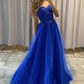 Blue Sleeveless A Line Tulle Lace Long Evening Dress