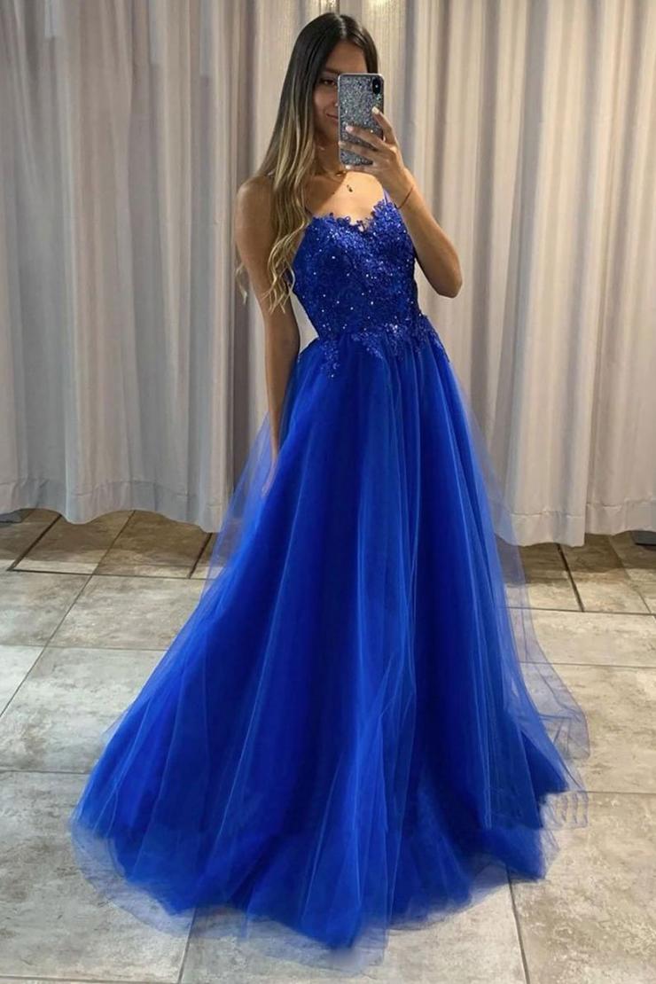 Blue Sleeveless A Line Tulle Lace Long Evening Dress