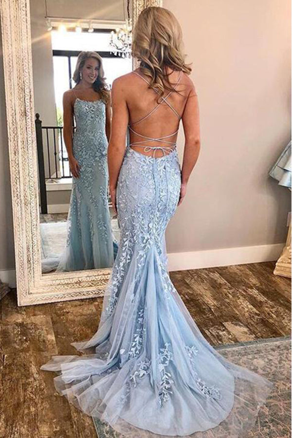 Chic Trumpet Spaghetti Straps With Lace Appliques Light Blue Prom Dresses P657