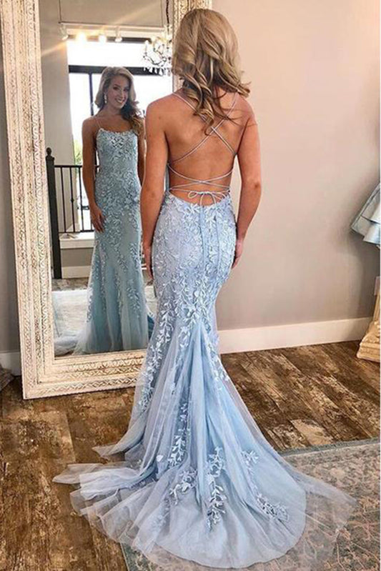 Chic Trumpet Spaghetti Straps With Lace Appliques Light Blue Prom Dresses P657