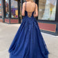 Dark Blue Sleeveless A Line Lace Tulle Long Prom Dresses