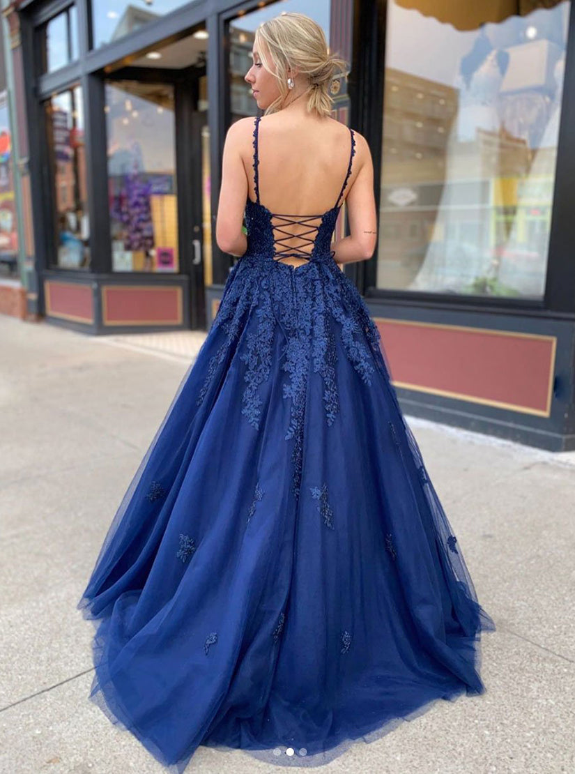 Dark Blue Sleeveless A Line Lace Tulle Long Prom Dresses