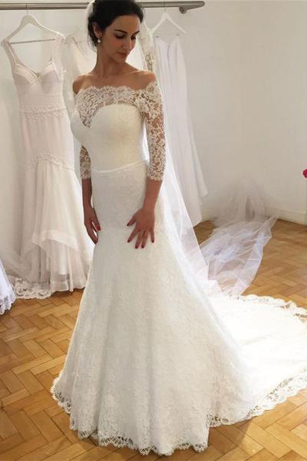 Elegant Off Shoulder Half Sleeves Sweep Train Lace Wedding Dresses