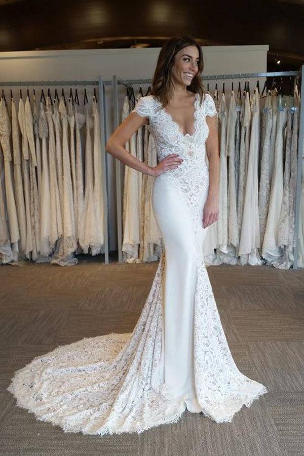 Ombreprom Wedding Dress Luxury Short Sleeves Backless V Neck Mermaid Bridal Gown Sweep Train