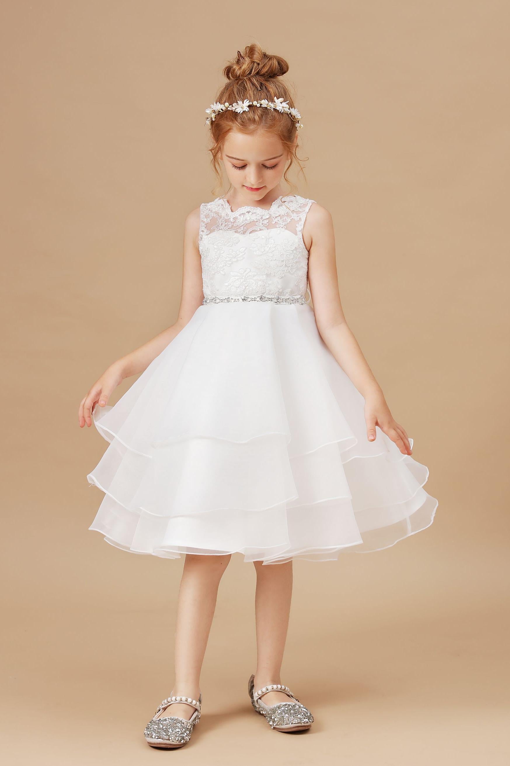 Ruffles Sleeveless Organza Applique Tulle Flower Girl Dresses With Rhinestone Sash