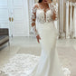 Elegant Mermaid Scoop Neck Elastic Satin Wedding Dress with Lace