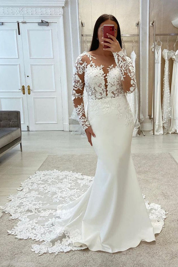 Long Sleeves Lace Elastic Satin Mermaid Fitted Wedding Dresses