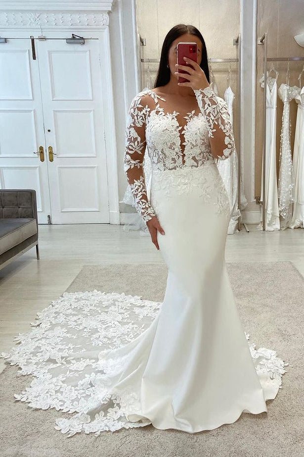 Elegant Mermaid Scoop Neck Elastic Satin Wedding Dress with Lace