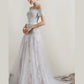 White A Line Brush Train Off Shoulder Short Sleeves Lace Beach Wedding Dresses
