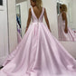 Light Pink Satin V Neck Ball Gown Long Lace Appliques Evening Dresses Prom Dresses