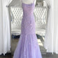 Lilac Spaghetti Straps Long Lace Tulle Evening Dresses Mermaid Appliques Prom Dresses
