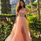 Pink Sleeveless A Line Tulle Lace Split Prom Dress