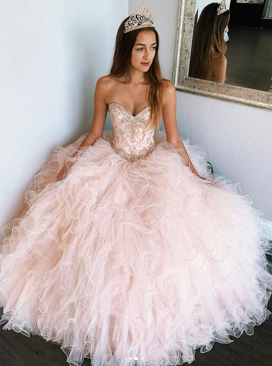 Pink Sweetheart Sleeveless Tulle Prom Dresses Sweet 16 Dresses