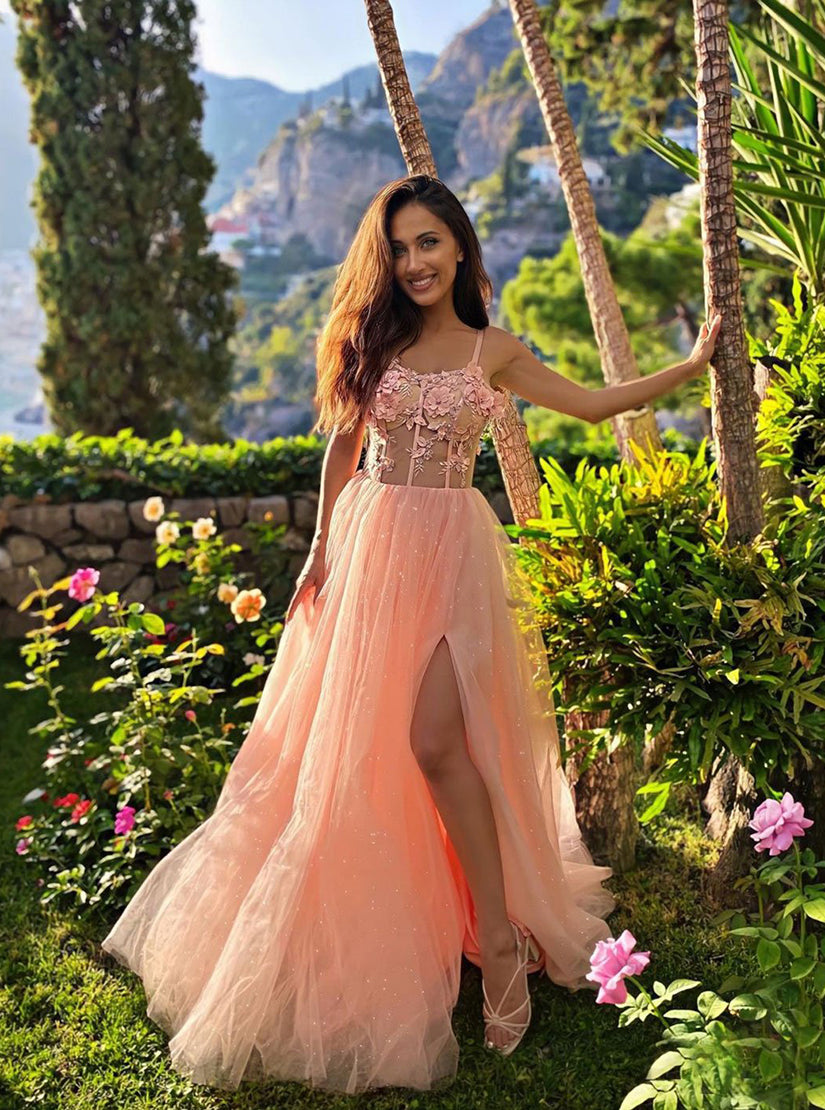Pink Sleeveless A Line Tulle Lace Split Prom Dresses