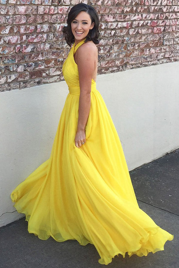 Yellow A Line Floor Length Halter Sleeveless Backless Bridesmaid Dress, Wedding Party Dress B330 - Ombreprom