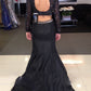 Black Two Piece Trumpet Sweep Train Long Sleeve Beading Prom Dress,Formal Dress P275 - Ombreprom