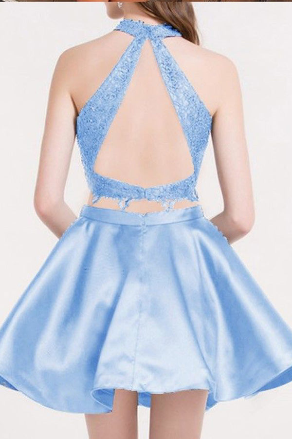 Skye Blue Two Piece A Line Halter Sleeveless Appliques Short Homecoming Dresses