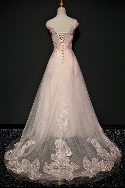 A Line V Neck Pink Appliques Prom Dress LBQ1042 main image 1