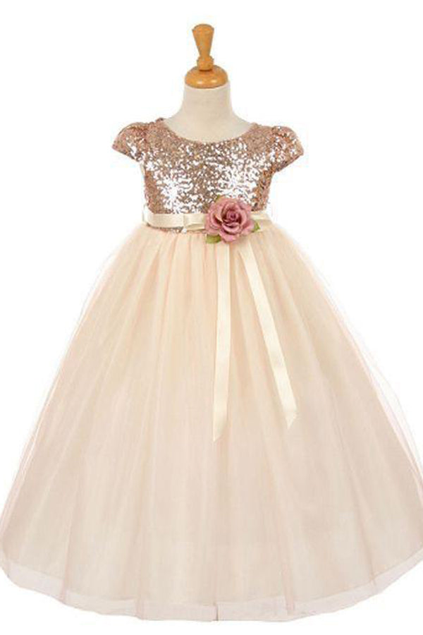 Short Sleeves Round Neck Tulle With Sequins Flower Girl Dresses