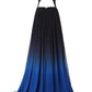 Ombre A Line Brush Train Sheer Neck Sleeveless Open Back Beading Prom Dresses