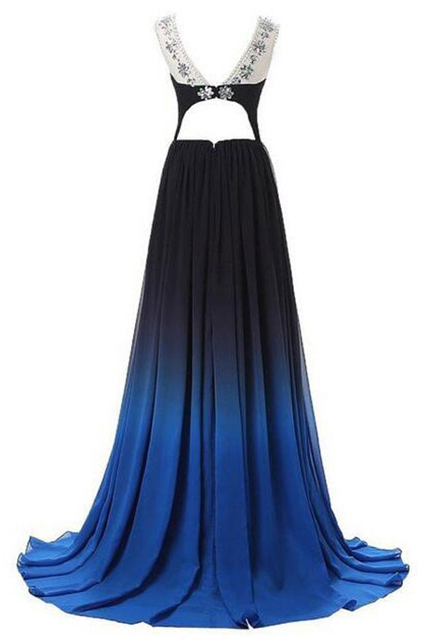 Ombre A Line Brush Train Sheer Neck Sleeveless Open Back Beading Prom Dresses