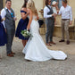 White Trumpet Court Train Deep V Neck Sleeveless Open Back Wedding Dresses
