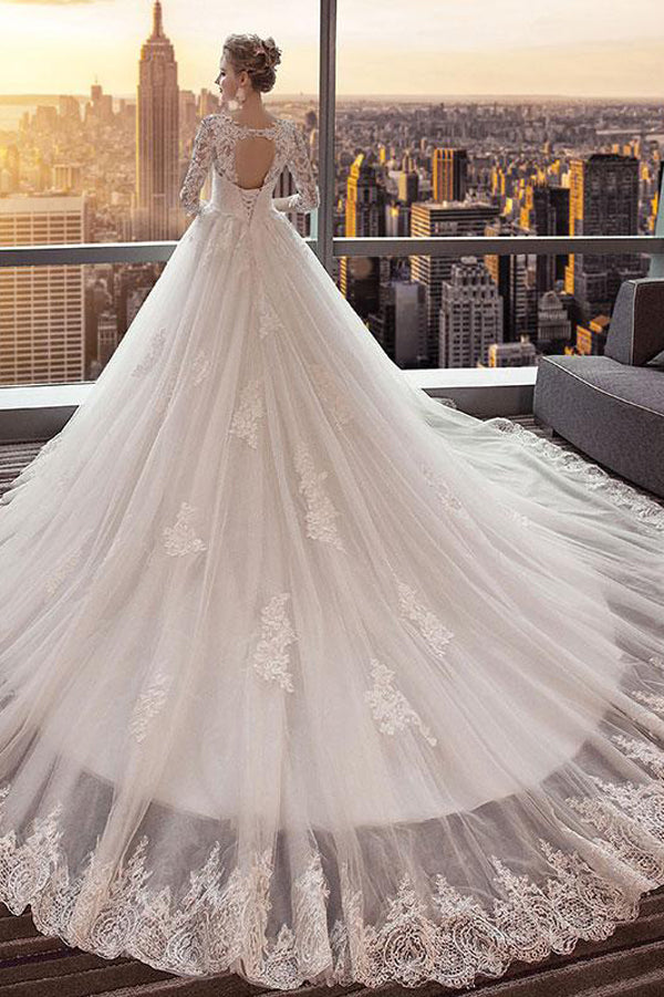 Chapel Train 3/4 Sleeve Appliques Ball Gown Wedding Dresses