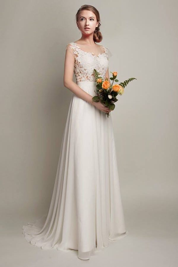 Elegant Ivory Lace Chiffon Long A Line Brush Train Cap Sleeves Beach Wedding Dresses For Bride