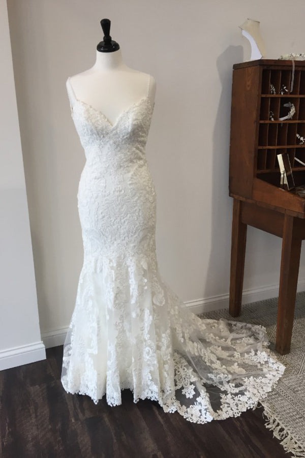White Trumpet Court Train Sweetheart Spaghetti Lace Wedding Gown,Cheap Wedding Dress