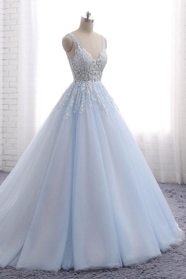 Ball Gown Chapel Train V Neck Sleeveless Backless Appliques Prom Dress,Party Dress P484 - Ombreprom