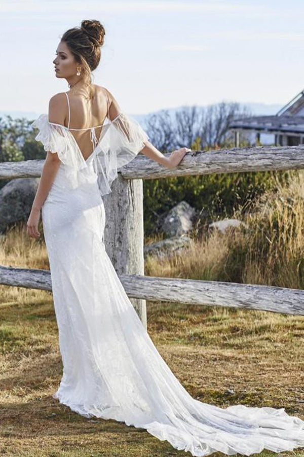 White Sheath Court Train Sleeveless Tulle Beach Wedding Dresses