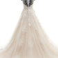 Pink A Line Court Train V Neck Sleeveless Lace Appliques Wedding Dresses