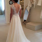 Rustic A Line Brush Train Cap Sleeves Backless Ivory Chiffon Beach Wedding Dresses