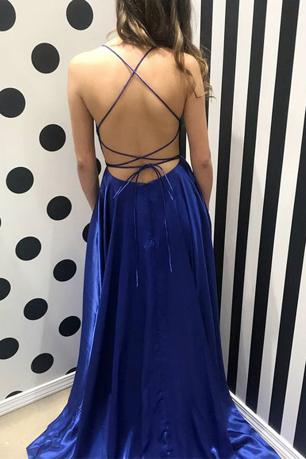 Royal Blue A Line Brush Train Sleeveless Backless Side Slit Prom Dress,Party Dress P427 - Ombreprom