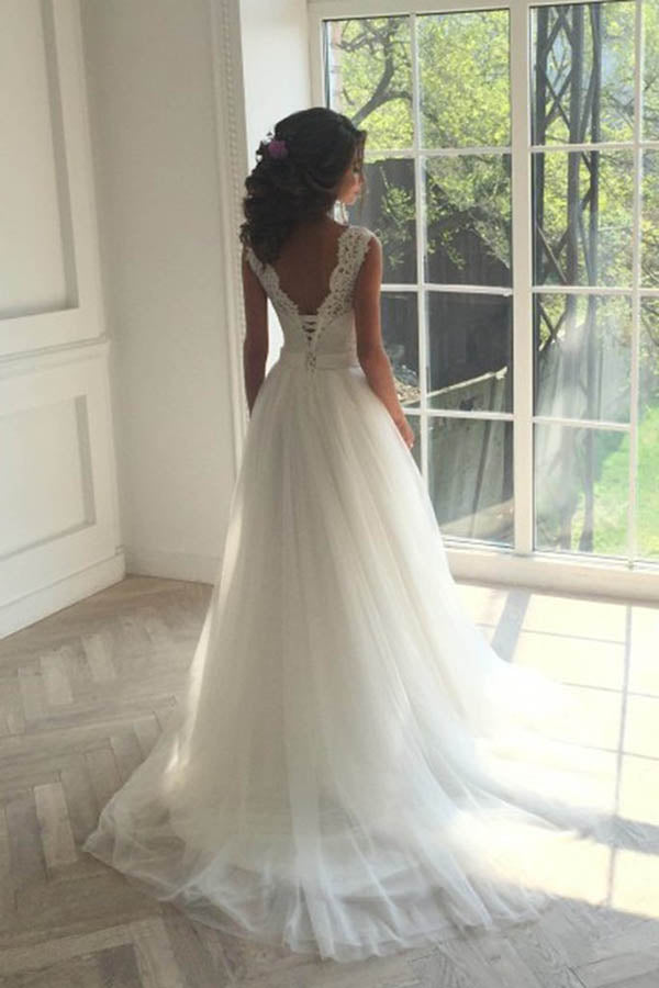 Beautiful Wedding Dresses A-line Short Train Ivory Tulle Bridal Gown W300 - Ombreprom