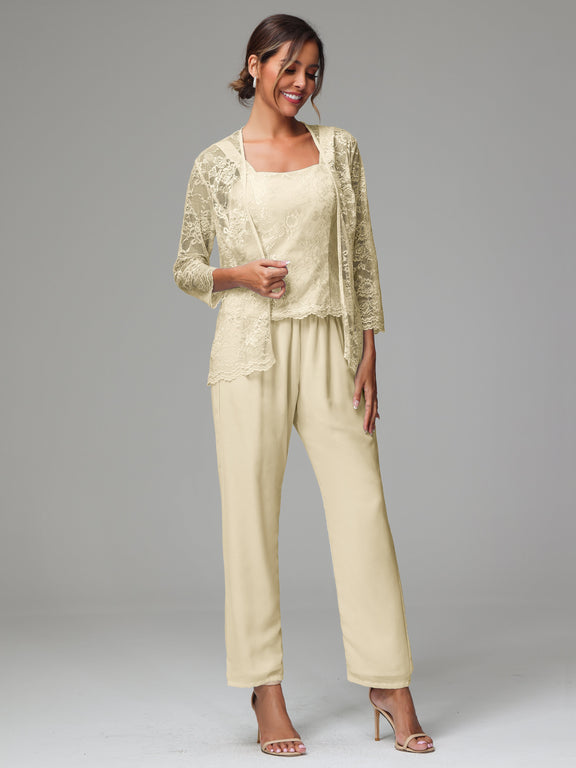 Chiffon Crew Neck Long Sleeves 3 Piece Mother of the Bride Pantsuits with Sequins