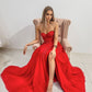 Red Sleeveless Sweetheart A Line Lace Long Prom Dresses