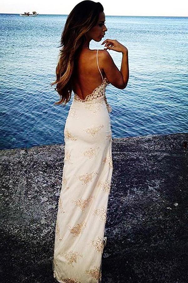 Sheath/Column Floor Length Sweetheart Spaghetti Backless Side Slit Appliques Evening/Prom Dress